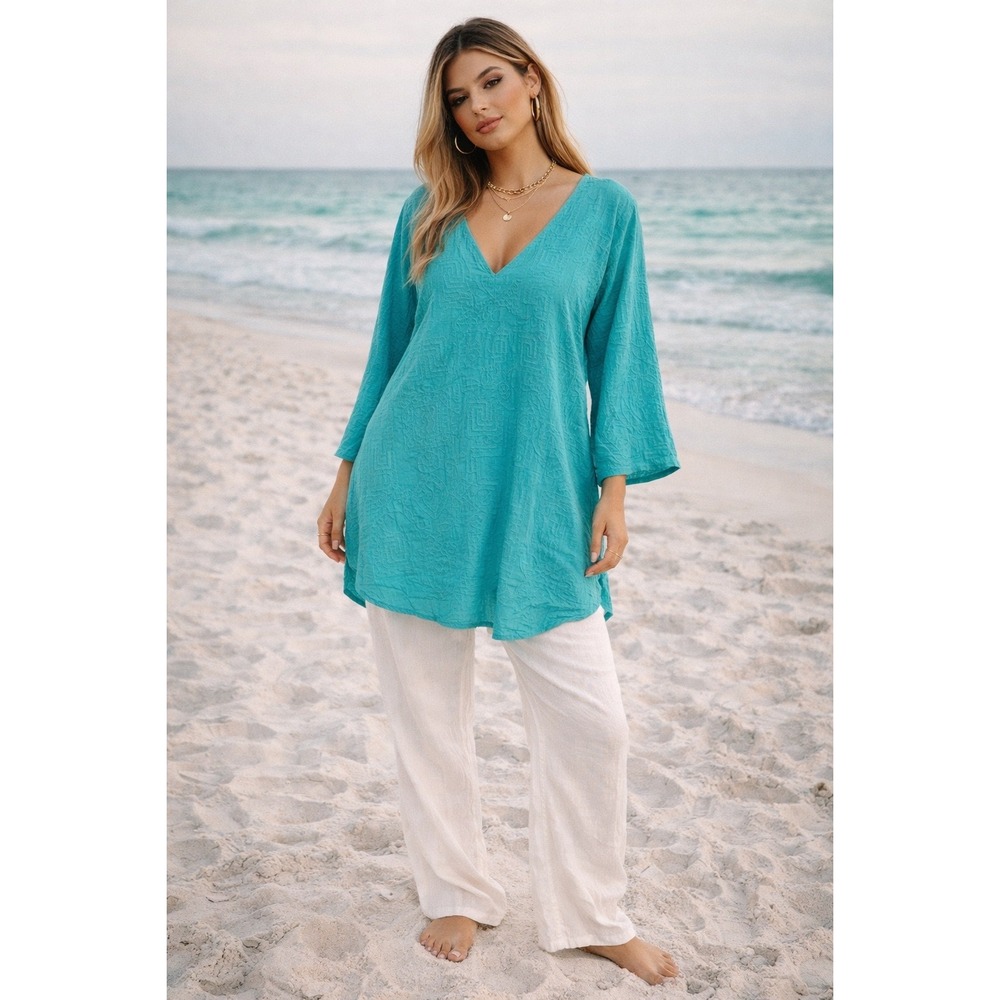 Coastal Beachy Turquoise Blue Embroidered Cotton Tunic V-Neck 3/4 Sleeve Top XL